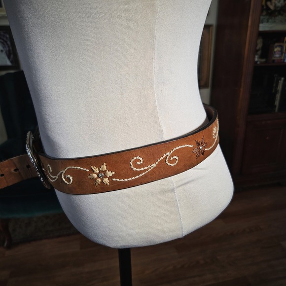 Nocona Belt Co Womens Brown Leather Western Embroidered Silver Buckle Size M